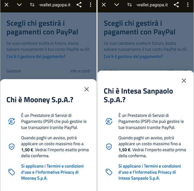 Selezionare un gestore per i pagamenti PayPal nell'app IO