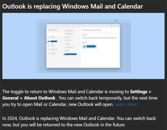 Il messaggio di Microsoft che conferma l'addio a Posta e Calendario in favore del nuovo Outlook