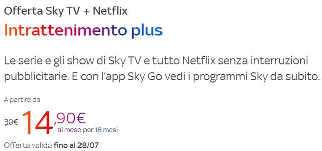 Sky TV e Netflix, insieme, con l'offerta Intrattenimento plus di Sky