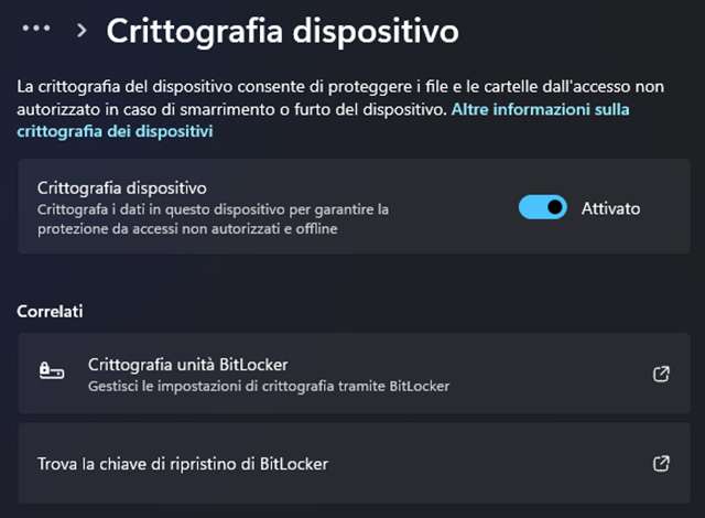 L'opzione Crittografia dispositivo su un PC con sistema operativo Windows 11