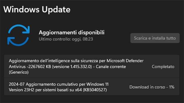 L'aggiornamento cumulativo opzionale KB5040527 per Windows 11 