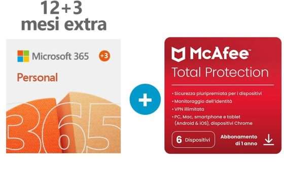 Microsoft 365 Personal e McAfee Total Protection insieme con uno sconto del 74% su Amazon