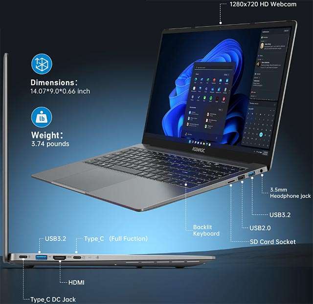 ACEMAGIC AX16 Pro: il design e le porte di connessione del laptop