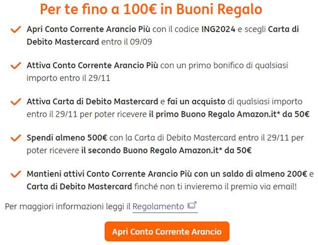 La promozione del Conto Corrente Arancio che regala un buono Amazon dal valore fino a 100 euro