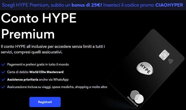 Il codice promozionale per ottenere un bonus di 25 euro con la registrazione ad HYPE Premium