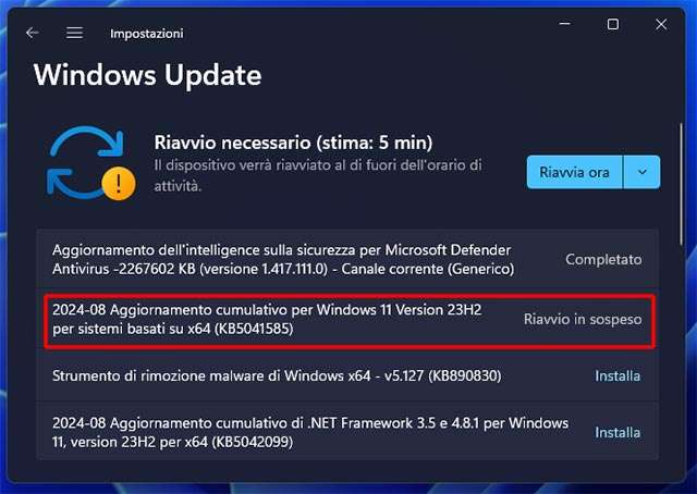 L'aggiornamento cumulativo KB5041585 per Windows 11, il Patch Tuesday di agosto 2024