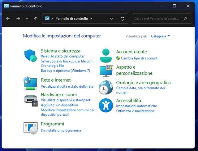 Il classico Pannello di Controllo ancora presente su Windows 11