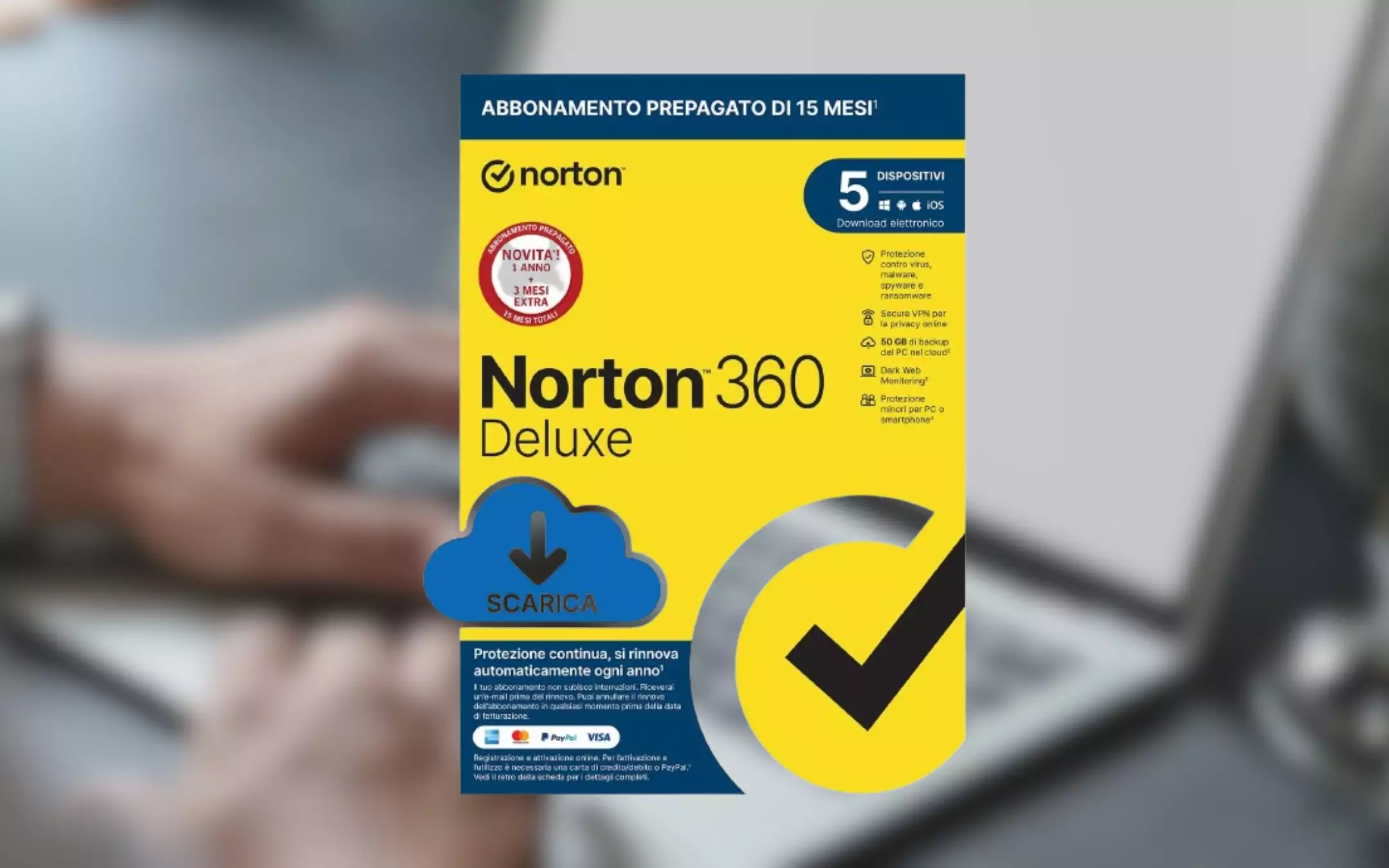 Antivirus Norton 360 Deluxe 2024 per 15 mesi scontato del 68% su Amazon