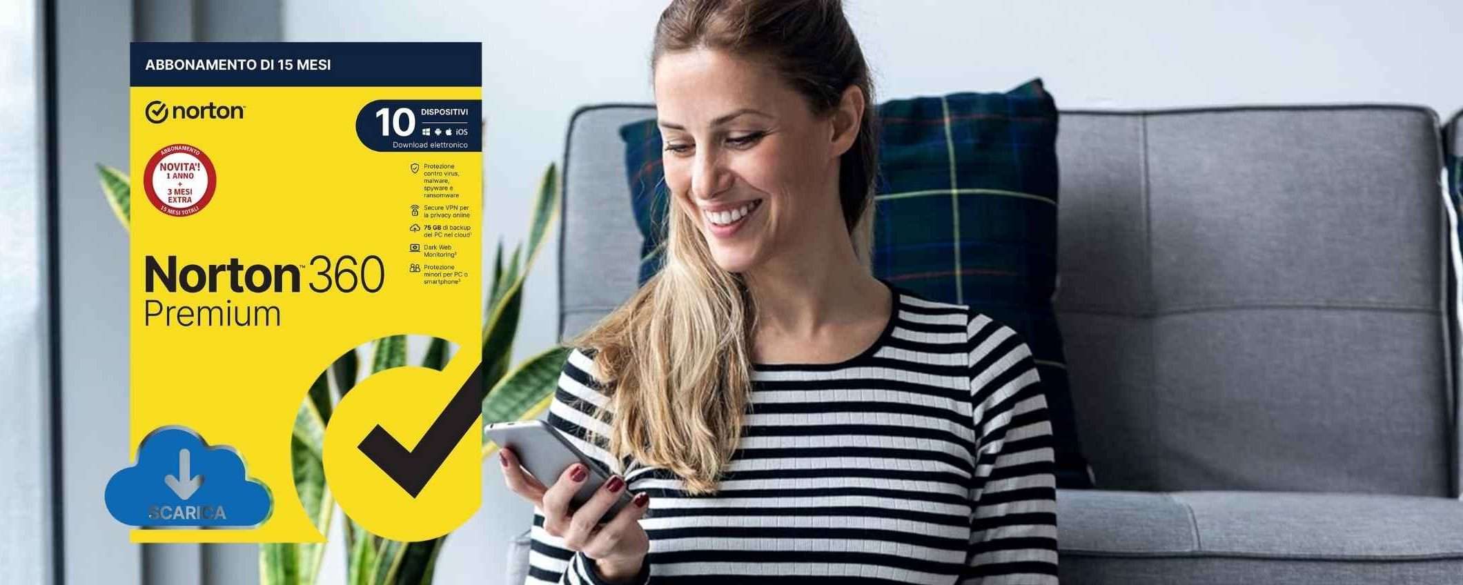 Norton 360 Premium 2024: licenza per 10 dispositivi in clamoroso sconto (-70%)