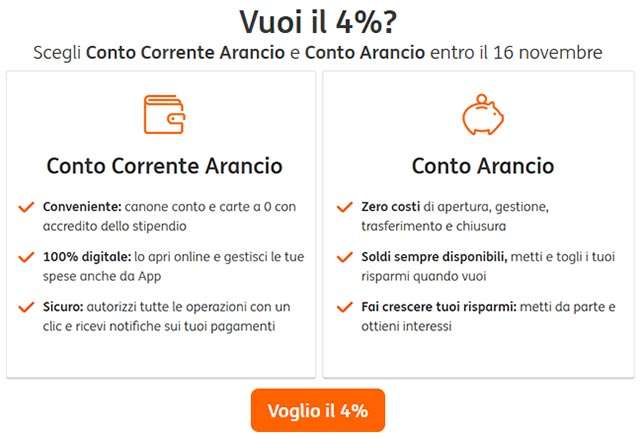 Conto Corrente Arancio e Conto Arancio per avere il 4% per 12 mesi