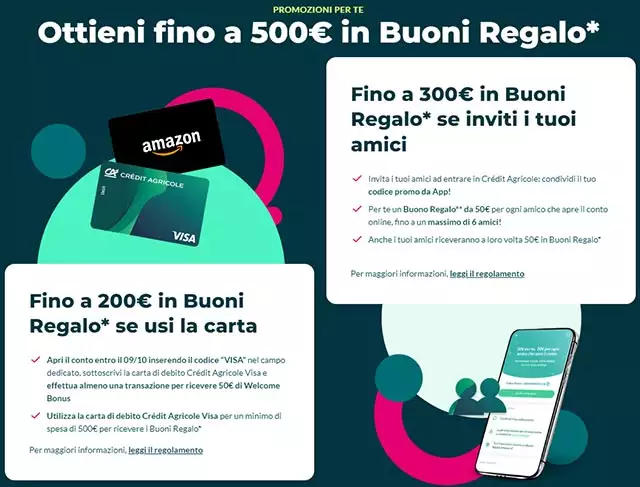 L'offerta di Crédit Agricole per il conto corrente: buoni regalo fino a 500 euro