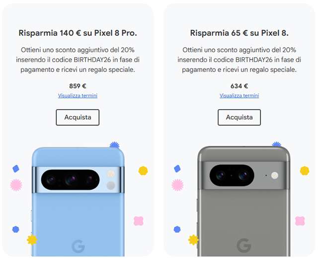 Gli smartphone della gamma Pixel 8 sono in sconto su Google Store grazie al codice BIRTHDAY26