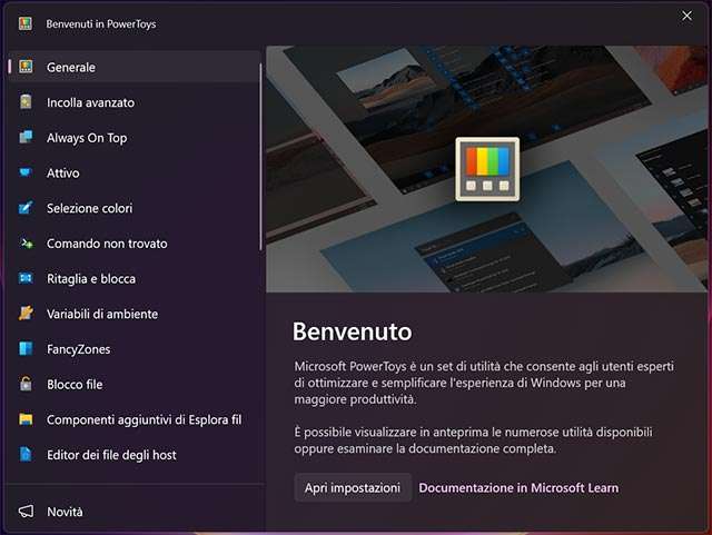 L'interfaccia di PowerToys