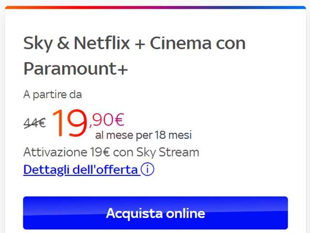 sky tv netflix sky cinema e paramount plus a 19 euro