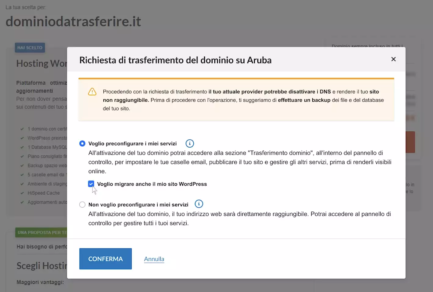 Trasferimento dominio Aruba WordPress