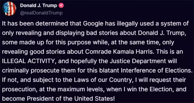 Il post in cui Donald Trump attacca Google