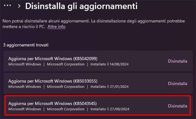 Come disinstallare l'aggiornamento KB5043145 per Windows 11