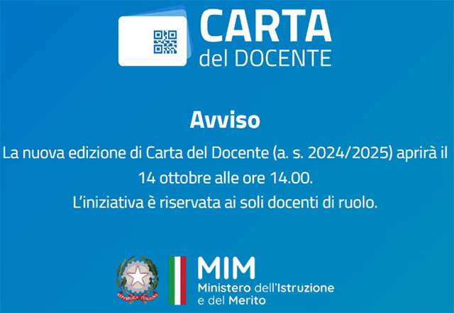 La nuova edizione 2024/2025 della Carta del Docente apre oggi, 14 ottobre