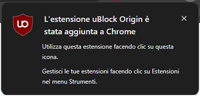 L'installazione dell'estensione uBlock Origin per il browser Google Chrome