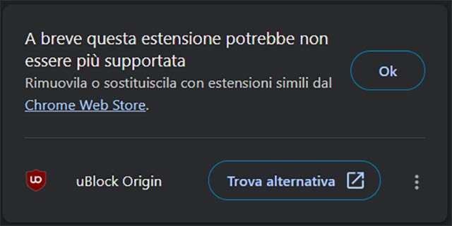 Google Chrome avvisa che l'estensione uBlock Origin presto non sarà più supportata