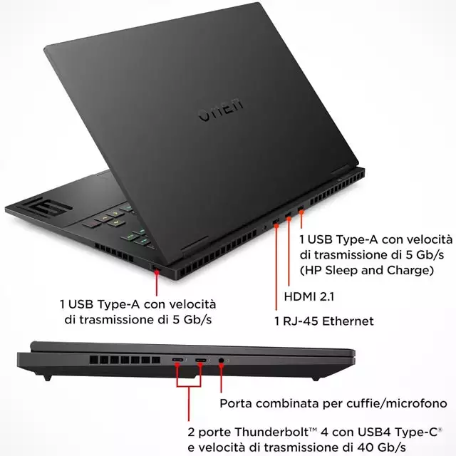 HP OMEN 16: le porte di connessione presenti sul notebook