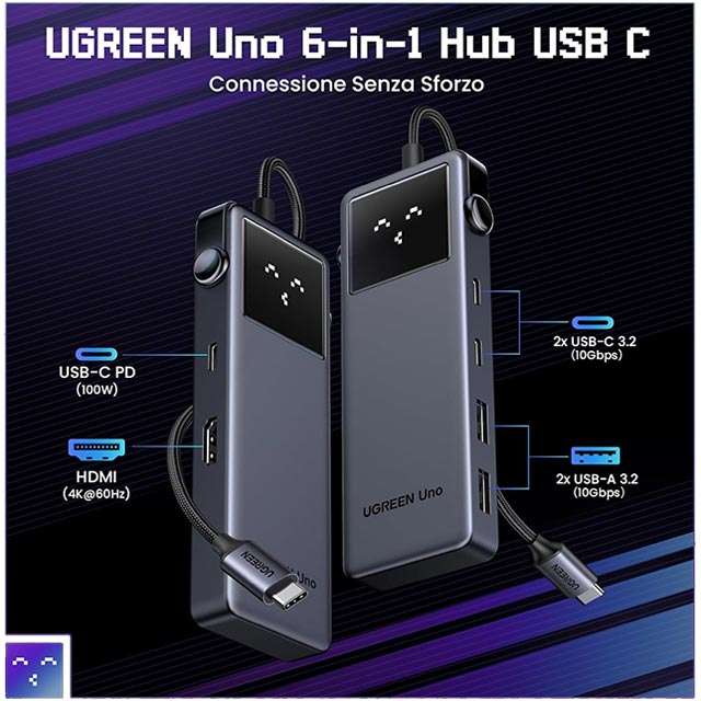 Le porte presenti sullo hub USB-C 6-in-1 di UGREEN