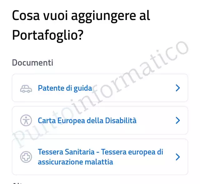 La selezione dei documenti da aggiungere all'app IO