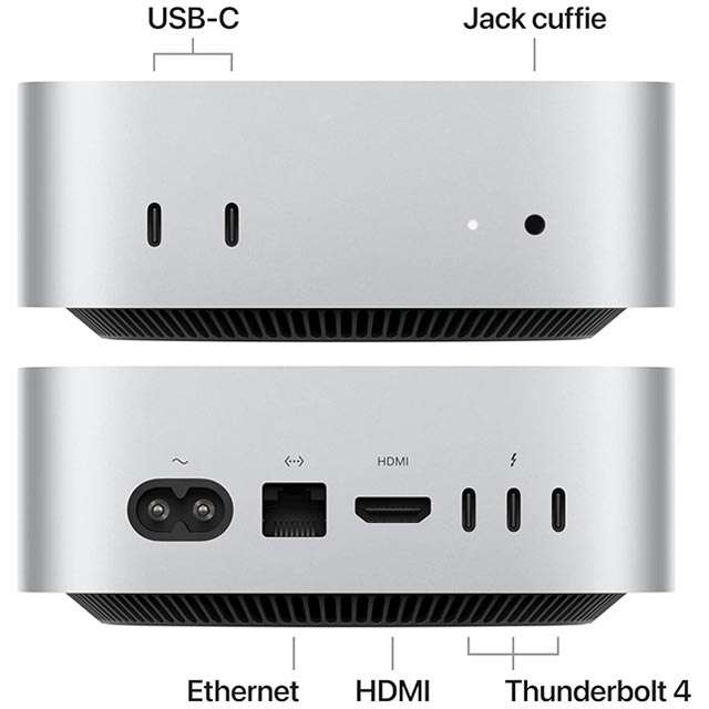 Il design e le porte di connessione del nuovo Mac mini con chip Apple M4