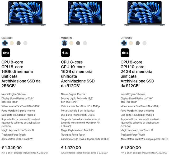 I MacBook Air in vendita sullo store di Apple, tutti con 16 GB di RAM