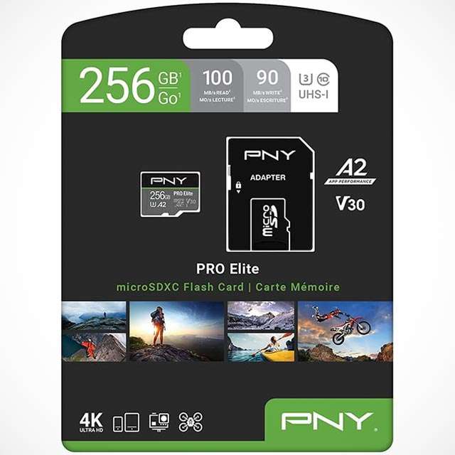 La confezione della microSD 256 GB della gamma PNY PRO Elite con adattatore SD incluso