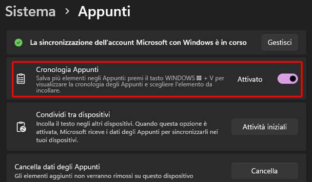 Come attivare la cronologia degli appunti su Windows 11