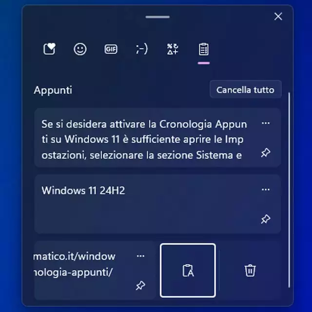 Il normale funzionamento della Cronologia Appunti con gli elementi copiati