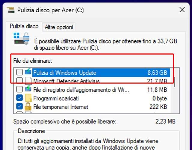 Nemmeno con lo strumento Pulizia disco di Windows si riesce ad eliminare il file temporaneo