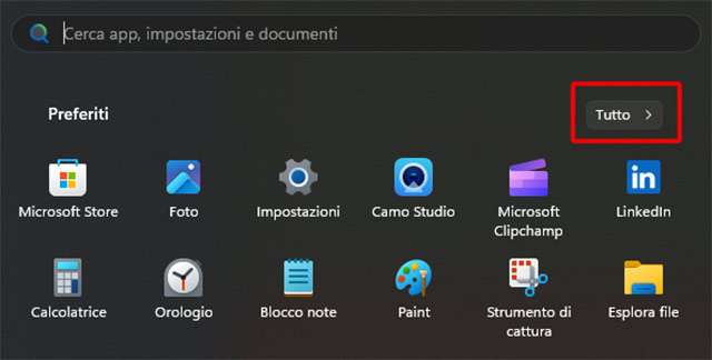 La voce Tutte le applicazioni diventa Tutto nel menu Start