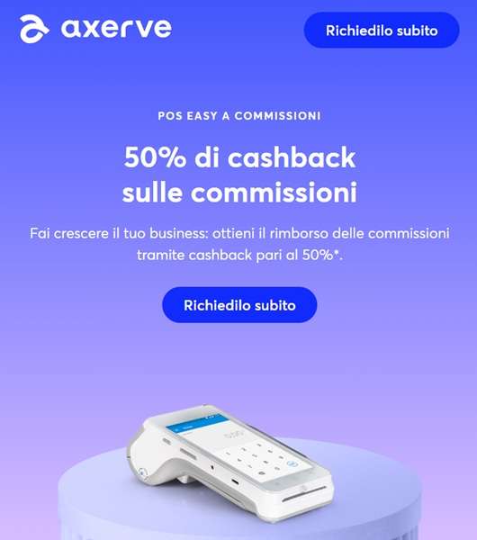 axerve 50 per cento di cashback sulle commissioni