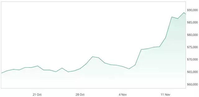 L'andamento del prezzo di Bitcoin nell'ultimo mese (14 novembre 2024)