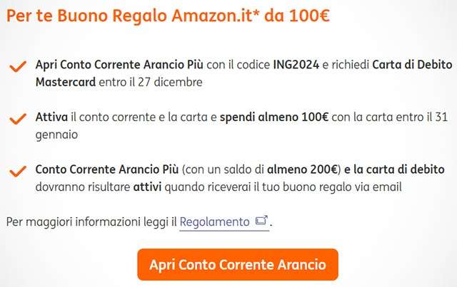 Se apri Conto Corrente Arancio Più, ricevi un buono Amazon da 100 euro