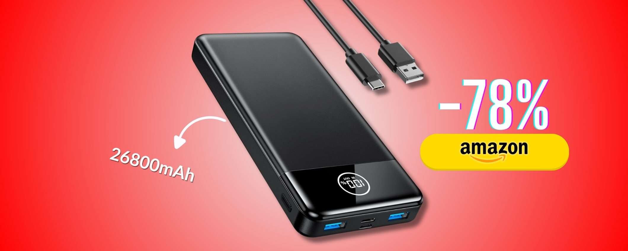 Powerbank 26800mAh interminabile: batteria sempre carica con sconto 78%