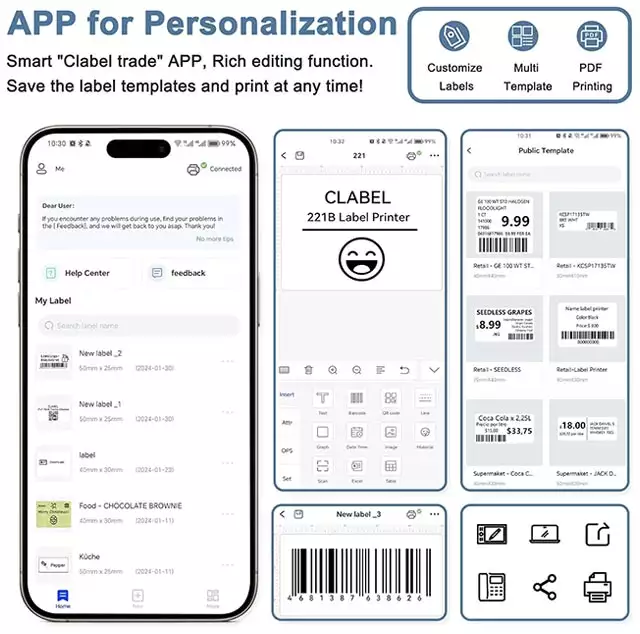 L'applicazione mobile della stampante termica per etichette di CLABEL