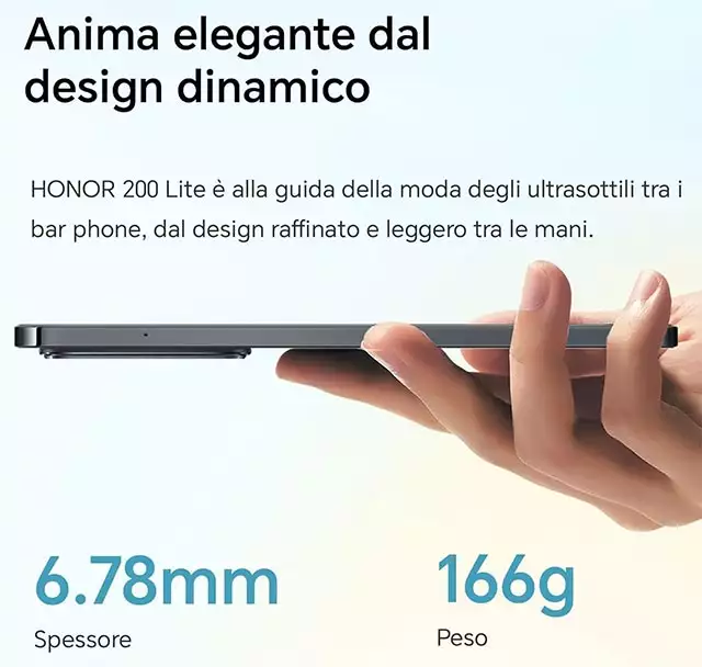 Il design sottile dello smartphone HONOR 200 Lite