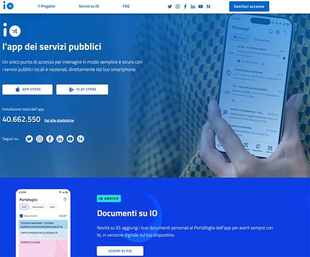 La homepage del sito io.italia.it dell'app IO
