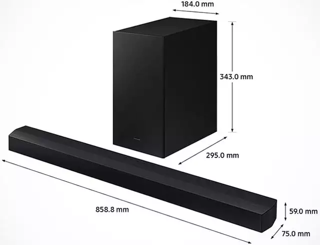 Le dimensioni di Samsung C430, soundbar con subwoofer