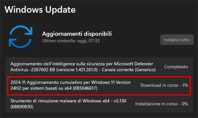 L'aggiornamento KB5046617 in distribuzione per Windows 11 24H2