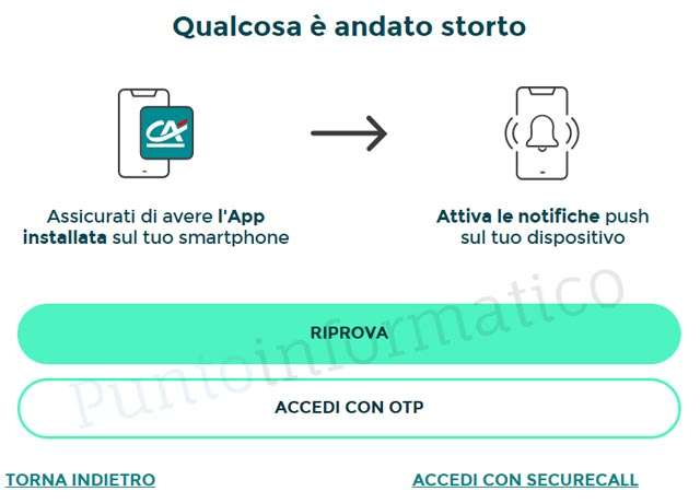 L'errore mostrato dall'interfaccia desktop di Crédit Agricole