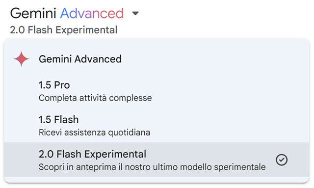 Il modello Gemini 2.0 Flash selezionabile nelle chat con Gemini