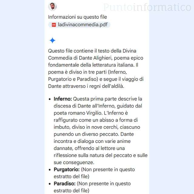 Gemini in Drive estrae informazioni dal PDF con la versione integrale della Divina Commedia