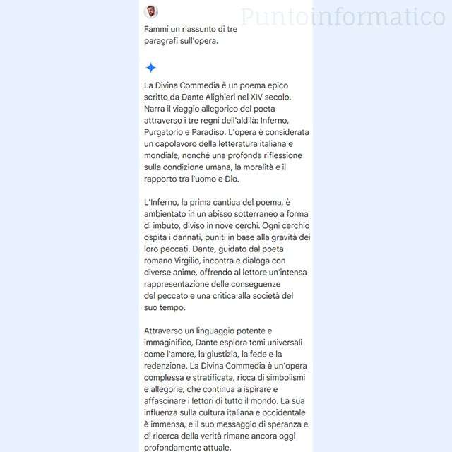 Il riassunto della Divina Commedia in tre paragrafi, secondo Gemini in Drive