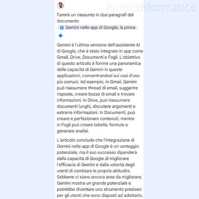 L'abilità di riassumere il contenuto di un documento di Gemini in Drive