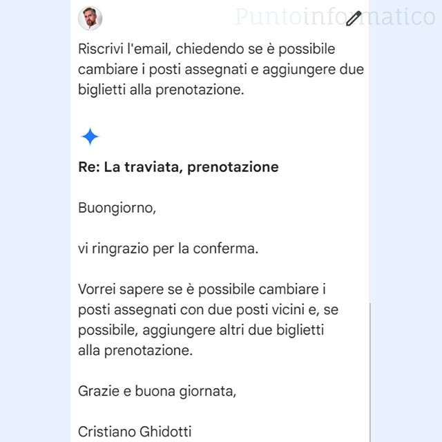 Attraverso un prompt più specifico, Gemini in Gmail riformula il messaggio