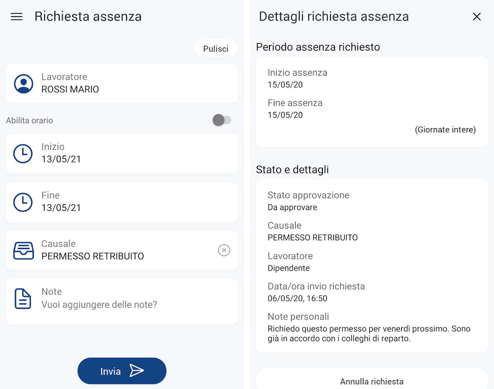 La richiesta di un permesso attraverso l'applicazione mobile